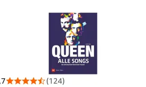 Buchcover mit farbenfrohen Porträts der **Gruppe Queen** und dem Titel "Queen: Alle Songs".