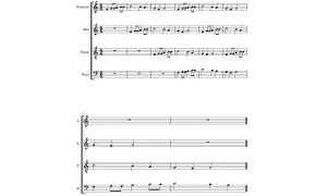 Notenblätter zeigen vierstimmige polyphonie musik für Sopran, Alt, Tenor und Bass.