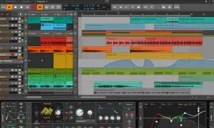 Ein **open source DAW**-Interface mit vielen Spuren, Wellenformen und Effekten.