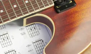 Gitarrenhals über Notenblättern mit Akkorddiagrammen. Perfekt für Gitarre Grundlagen.
