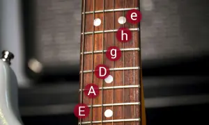 Gitarrenhals zeigt die Gitarrensaiten Reihenfolge: E, A, D, G, H, e.