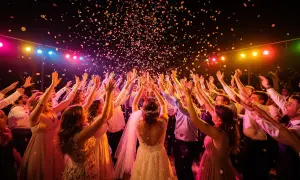 Bunte Konfetti regnet auf eine tanzende Menge, die mit erhobenen Armen feiert. Die Stimmung ist ausgelassen, die Musik zum Tanzen lädt zum Feiern ein.