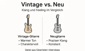 Zwei stilisierte E-Gitarren im Vergleich: eine beige "Vintage-Gitarre" und eine graue "Neugitarre".