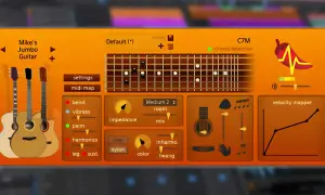 Mike's Jumbo Guitar VST: kostenlose Gitarren-Software mit Akkorderkennung und Velocity Mapper für kreative Sounds.