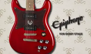 Rote Epiphone Coronet E-Gitarre mit braunem Schlagbrett und dem Epiphone-Logo. Perfekt für jede Bühne.