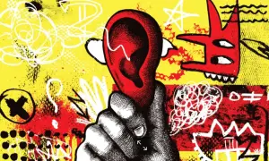 Eine Hand hält ein rotes Ohr, umgeben von chaotischen Kritzeleien und einem roten Monster. Ein Ohrwurm-Lied auf Deutsch, das im Kopf bleibt.
