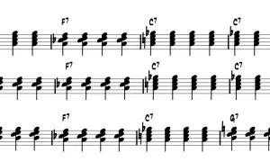 Notenblatt mit Akkorden für Klavier. Blues-Akkorde C7, F7 und G7 im Bassschlüssel.