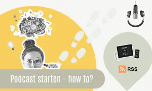 Ideen für deinen Podcast: Gehirn mit Zahnrädern, Glühbirne, Lupe und Mikrofon. So kannst du deinen Podcast selber machen.