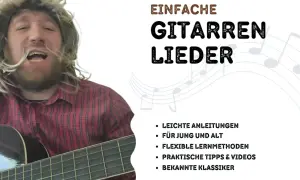 Mann mit Perücke spielt Gitarre. Text: Einfache Gitarrenlieder, leichte Anleitungen für jung und alt.