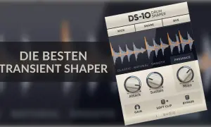 DS-10 Drum Shaper, ein transient shaper Plugin, mit Wellenformen und Reglern für Attack, Sustain und Mojo.