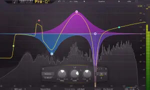 FabFilter Pro-Q² EQ-Plugin mit detaillierten Frequenzkurven. Mastering-Plugin-Einstellungen werden hier visualisiert.