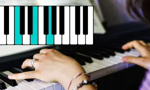 Hände spielen am Klavier einen Akkord. Die blauen Tasten zeigen die Noten für einen C-Dur-Akkord.