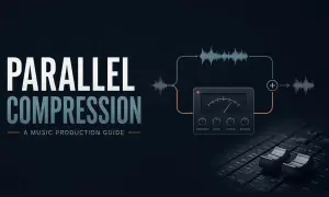 Grafik erklärt **parallel compression** mit Wellenformen, einem Kompressor-Interface und Fader.