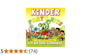 Kinder Party Hits mit lustigen Liedern zum Mitsingen, einem Gummibär und tanzenden Kindern.