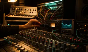 Hand am Mischpult stellt Sidechain-Kompression ein, während ein Oszilloskop die Wellenform anzeigt.
