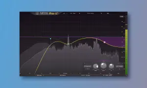 Fabfilter Pro-Q³ mit linear phase eq. zeigt Frequenzgang-Analyse mit mehreren Kurven und Reglern für präzise Klangbearbeitung.
