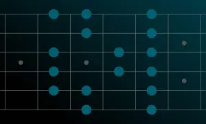 Gitarrengriffbrett mit blauen Punkten, die eine blues stimmung erzeugen. Graue Punkte markieren die Saiten.