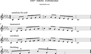 Notenbeispiel zeigt die natürliche, harmonische und melodische b-moll Tonleiter sowie einen Dreiklang.