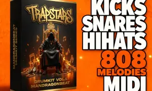 Drumkit-Box "Trapstars" mit mystischer Figur auf Thron, umgeben von Gold und Flammen. Enthält Kicks, Snares, Hihats, 808 Melodien & MIDI-Files für trap samples.