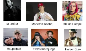 Sechs Bilder von Rappern: M und M, Moneten-Knaben, Kleine Pumpe, Hauptstadt Büstenhalter, S€lbstmordjungs, Halber Euro.
