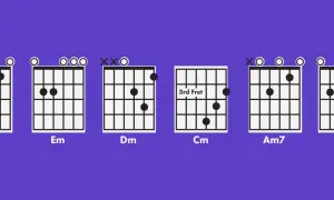 Gitarrengriffbilder zeigen Am, Em, Dm, Cm, Am7 und Em7. Lerne, wie man jeden Akkord am Gitarre greift.