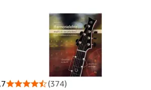 Buchcover "Harmonielehre" zeigt Gitarrenhals mit Markierungen für Ganzton- und Halbtonschritt.