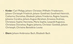 Johann Sebastian Bachs Lebenslauf kurz: Kinder und Eltern. Eine Auflistung seiner zahlreichen Nachkommen und seiner Eltern Johann Ambrosius und Elisabeth Bach.