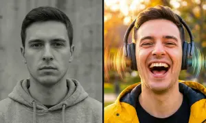 Ein Mann mit Kopfhörern, der lachend Musik hört, im Gegensatz zu seinem ernsten Gesicht links. Lustige Liedtexte zu bekannten Melodien machen den Unterschied.