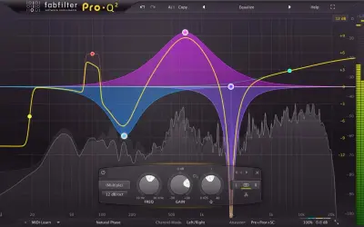FabFilter Pro-Q² EQ-Plugin mit detaillierten Frequenzkurven. Mastering-Plugin-Einstellungen werden hier visualisiert.
