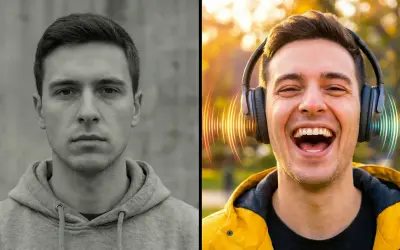 Ein Mann mit Kopfhörern, der lachend Musik hört, im Gegensatz zu seinem ernsten Gesicht links. Lustige Liedtexte zu bekannten Melodien machen den Unterschied.