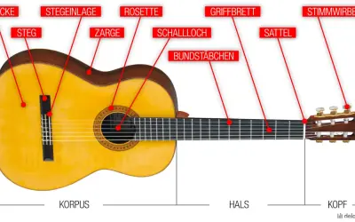 Beschriftete Gitarre: Decke, Steg, Rosette, Schallloch, Griffbrett, Sattel, Kopf mit Stimmwirbeln. So lernt man die Teile einer Gitarre kennen.