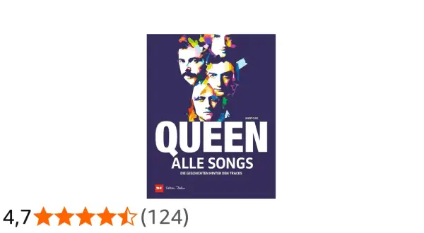 Buchcover mit farbenfrohen Porträts der **Gruppe Queen** und dem Titel "Queen: Alle Songs".