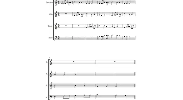 Notenblätter zeigen vierstimmige polyphonie musik für Sopran, Alt, Tenor und Bass.