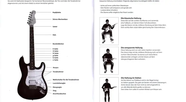 Mann spielt E-Gitarre im Stehen. Der Gitarrengurt ist wichtig, damit man alle Akkorde leicht greifen kann.
