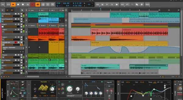 Ein **open source DAW**-Interface mit vielen Spuren, Wellenformen und Effekten.