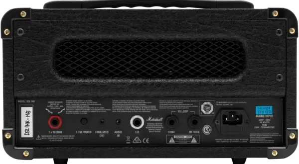 Rückseite des Marshall DSL 1 Verstärkers mit Anschlüssen wie FX Loop, Audio In und Mains Input.