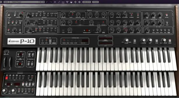 Cherry Audio P-10 Synthesizer mit zwei Manualen und vielen Reglern.