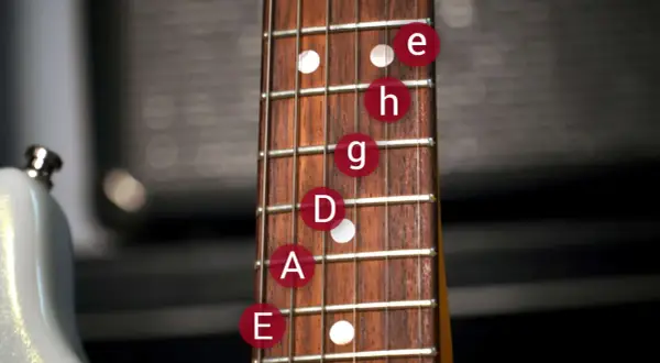 Gitarrenhals zeigt die Gitarrensaiten Reihenfolge: E, A, D, G, H, e.