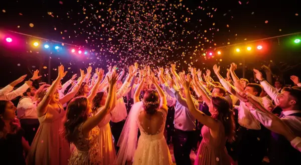 Bunte Konfetti regnet auf eine tanzende Menge, die mit erhobenen Armen feiert. Die Stimmung ist ausgelassen, die Musik zum Tanzen lädt zum Feiern ein.