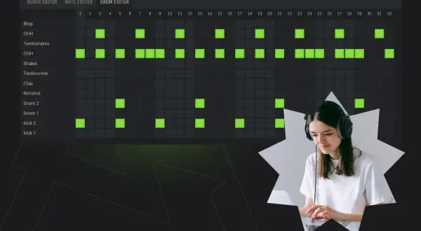 Eine junge Frau mit Kopfhörern am Laptop erstellt Musik. Der Bildschirm zeigt einen Drum-Editor, der erklärt, was bedeutet tracken: Noten werden für verschiedene Instrumente gesetzt.