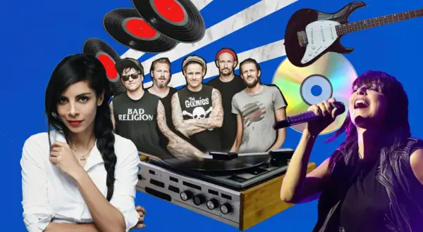 Eine Frau singt ins Mikrofon, während eine Band und Schallplatten im Hintergrund zu sehen sind. Musik für alte deutsche Lieder.