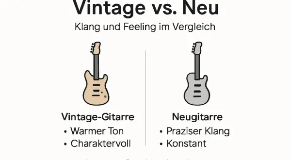 Zwei stilisierte E-Gitarren im Vergleich: eine beige "Vintage-Gitarre" und eine graue "Neugitarre".