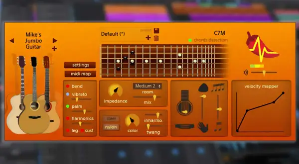 Mike's Jumbo Guitar VST: kostenlose Gitarren-Software mit Akkorderkennung und Velocity Mapper für kreative Sounds.