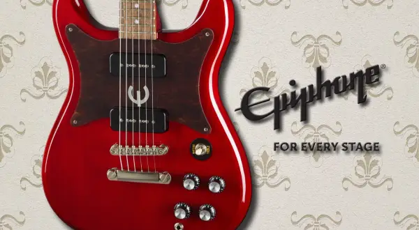 Rote Epiphone Coronet E-Gitarre mit braunem Schlagbrett und dem Epiphone-Logo. Perfekt für jede Bühne.