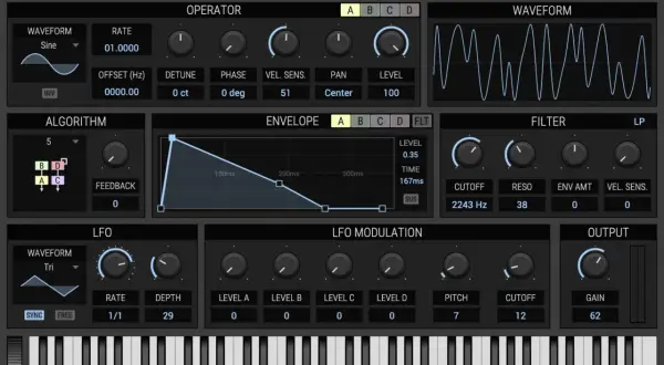 Ein kostenloses Synth-Interface mit Wellenform, Hüllkurve, LFO und Filter-Einstellungen.