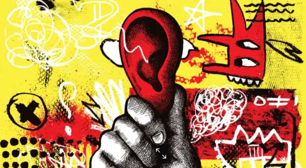 Eine Hand hält ein rotes Ohr, umgeben von chaotischen Kritzeleien und einem roten Monster. Ein Ohrwurm-Lied auf Deutsch, das im Kopf bleibt.