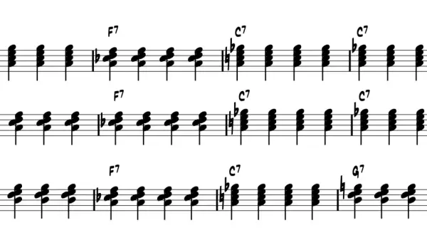 Notenblatt mit Akkorden für Klavier. Blues-Akkorde C7, F7 und G7 im Bassschlüssel.