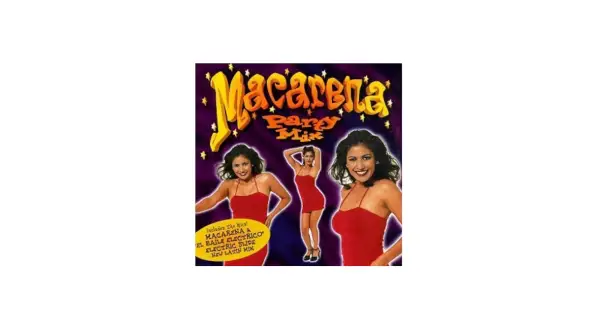 Albumcover "Macarena Party Mix" mit drei Bildern einer Frau in rotem Kleid. Perfekt für Lieder zum Mittanzen wie Macarena.
