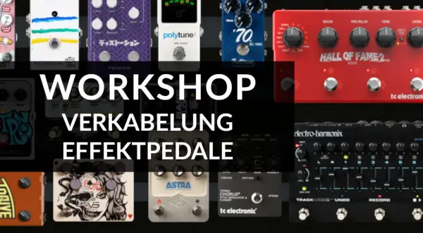 Workshop Verkabelung Effektpedale: Eine Auswahl verschiedener Gitarreneffektpedale, die für die richtige Pedalboard Reihenfolge arrangiert sind.