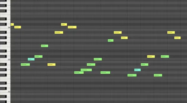 Ein bunter midi sequencer zeigt gelbe und grüne Noten auf einem Klavierlayout.